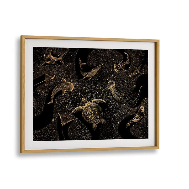 Surreal art prints featuring COSMIC OCEAN DARK GOLD by Aliriza Çakir, framed in oak, capturing dreamlike sea life.