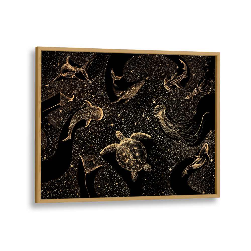 Surreal art print "COSMIC OCEAN DARK GOLD" by Aliriza Çakir, showcasing mesmerizing oceanic creatures in gold tones.