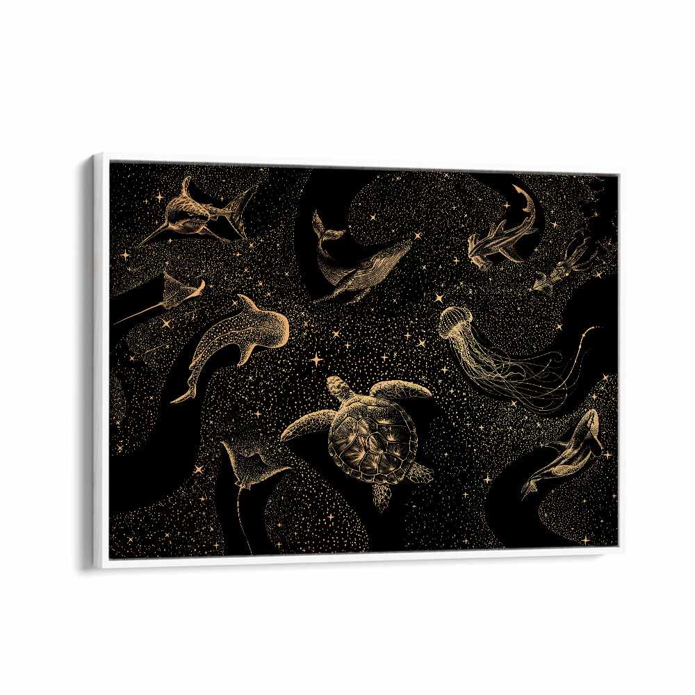 Unveil the magic of COSMIC OCEAN DARK GOLD, SURREAL ART PRINTS featuring sea creatures in a dreamlike cosmic scene.