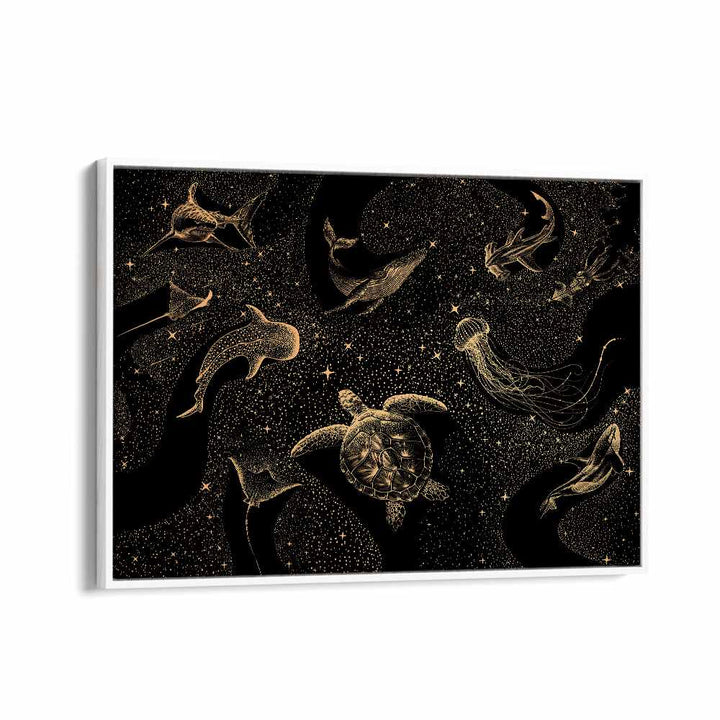 Unveil the magic of COSMIC OCEAN DARK GOLD, SURREAL ART PRINTS featuring sea creatures in a dreamlike cosmic scene.