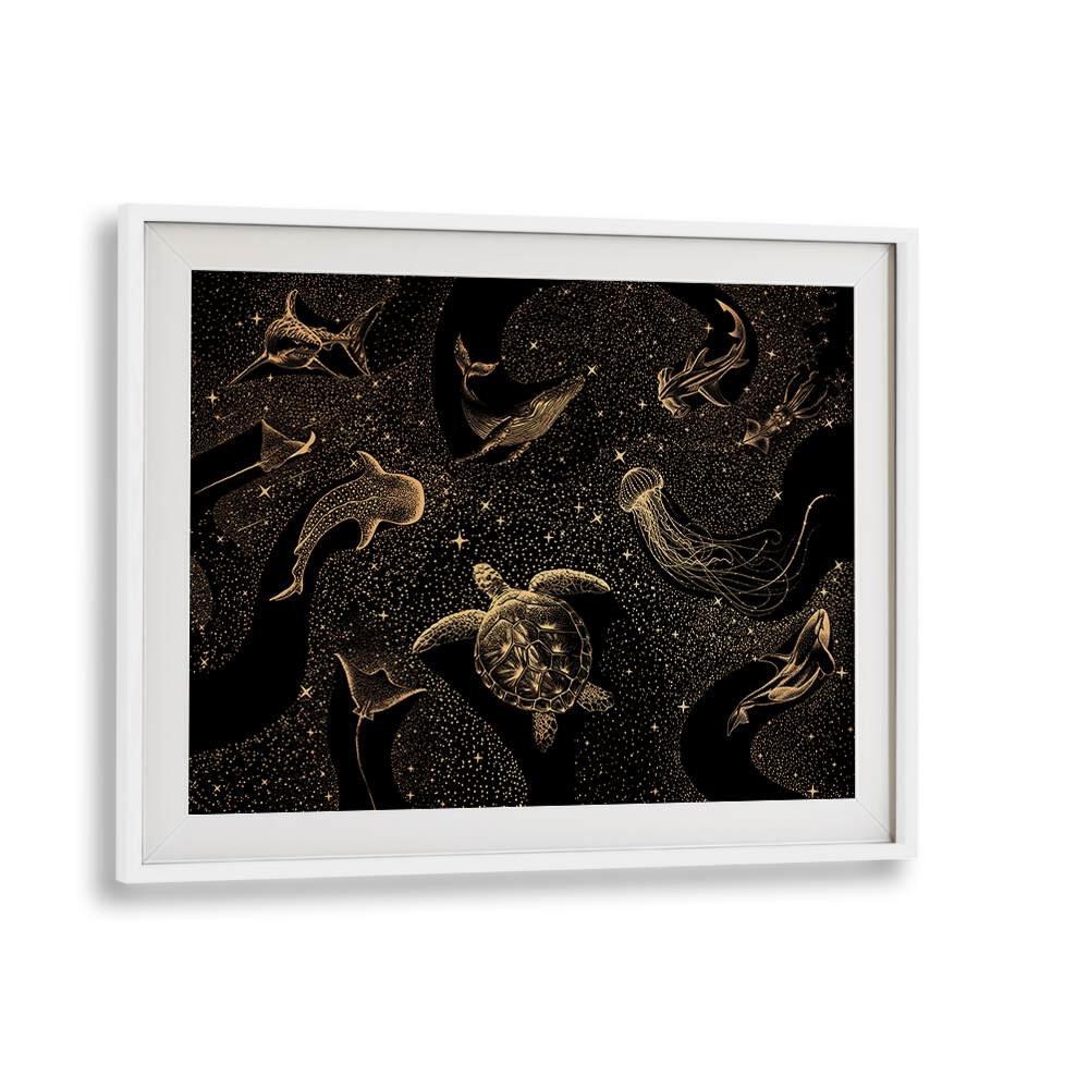 Surreal art print "COSMIC OCEAN DARK GOLD" features marine life in a dreamlike golden galaxy by Aliriza Çakir.