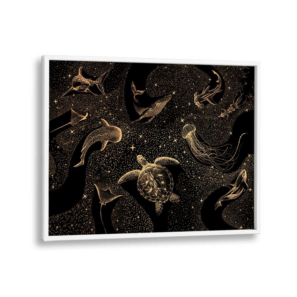 Cosmic Ocean Dark Gold, surreal art prints featuring ethereal marine life by Aliriza Çakir in a stylish white frame.