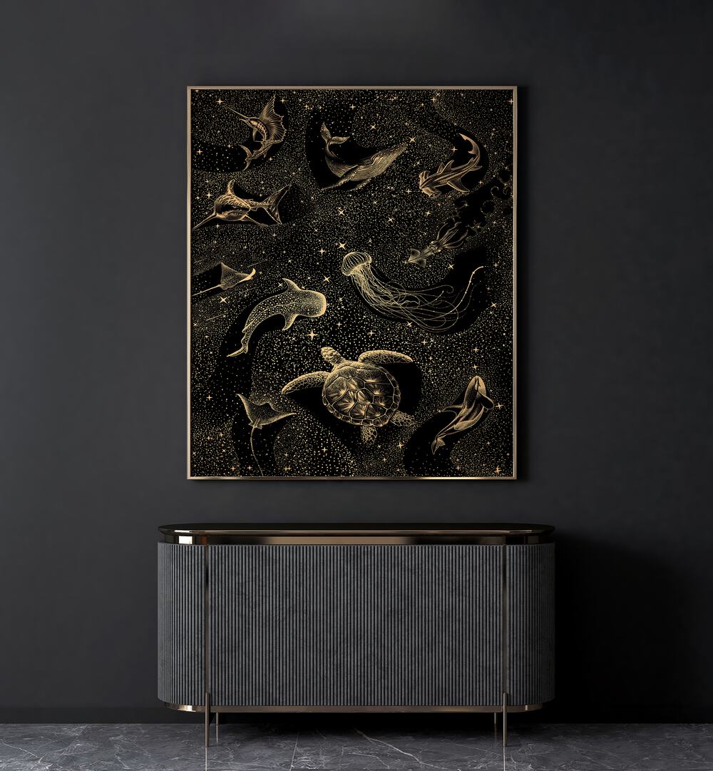 Stunning COSMIC OCEAN DARK GOLD II, SURREAL ART PRINTS by Aliriza Çakır, featuring aquatic life in a cosmic setting.