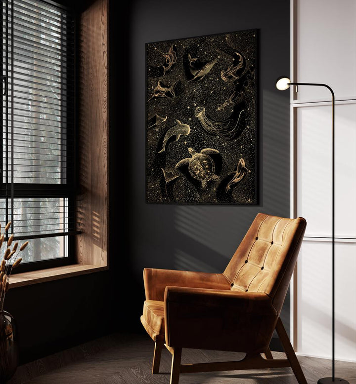 Decorate your space with COSMIC OCEAN DARK GOLD II, SURREAL ART PRINTS by Aliriza Çakır for a mesmerizing touch.
