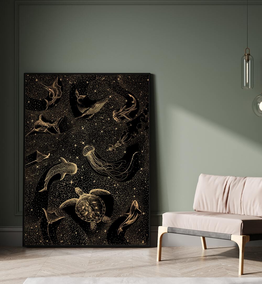 COSMIC OCEAN DARK GOLD II, SURREAL ART PRINTS by Aliriza Çakır, featuring aquatic life in a stunning surreal design.
