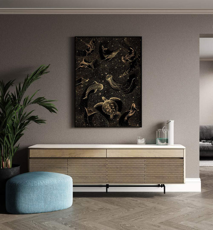 COSMIC OCEAN DARK GOLD II, SURREAL ART PRINTS by Aliriza Çakır showcases ethereal marine life in a dark, imaginative setting.