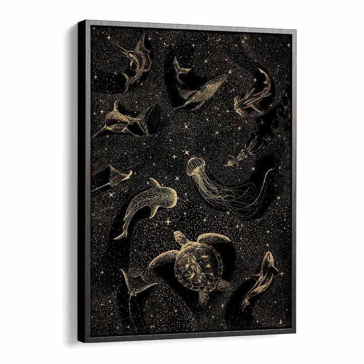 COSMIC OCEAN DARK GOLD II, SURREAL ART PRINTS featuring a surreal underwater scene by Aliriza Çakır in a sleek floater frame.