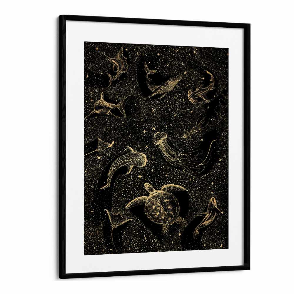 COSMIC OCEAN DARK GOLD II, SURREAL ART PRINTS by Aliriza Çakır features mesmerizing sea life in a starry backdrop.