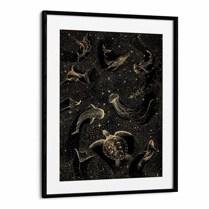 COSMIC OCEAN DARK GOLD II, SURREAL ART PRINTS by Aliriza Çakır features mesmerizing sea life in a starry backdrop.