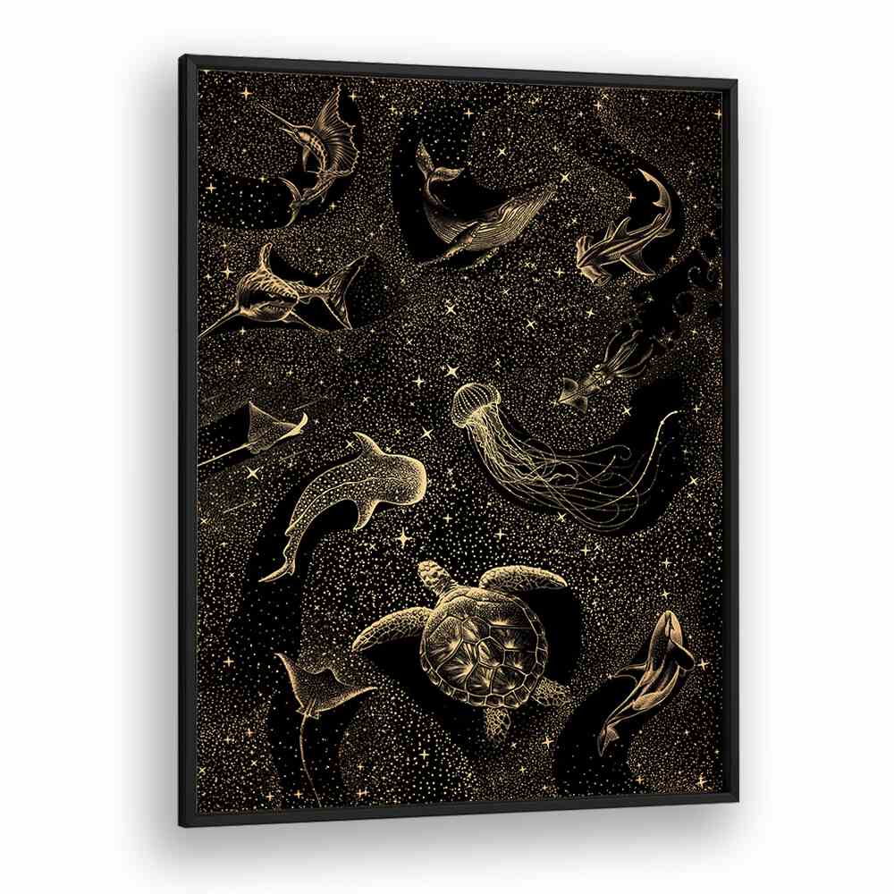 COSMIC OCEAN DARK GOLD II, SURREAL ART PRINTS showcases a stunning underwater scene with gold accents by Aliriza Çakır.