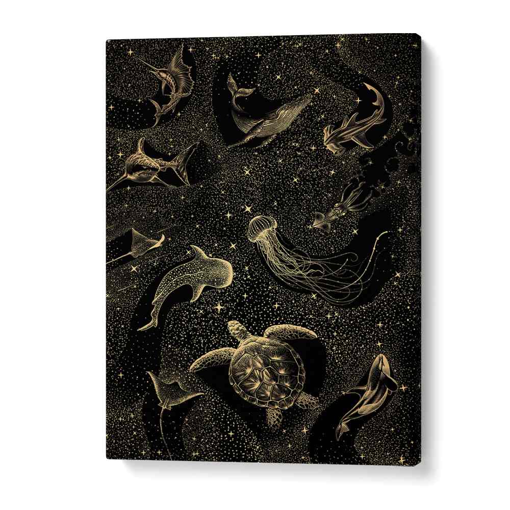 Explore the mystical depths with COSMIC OCEAN DARK GOLD II, SURREAL ART PRINTS by Aliriza Çakır, showcasing enchanting sea life.