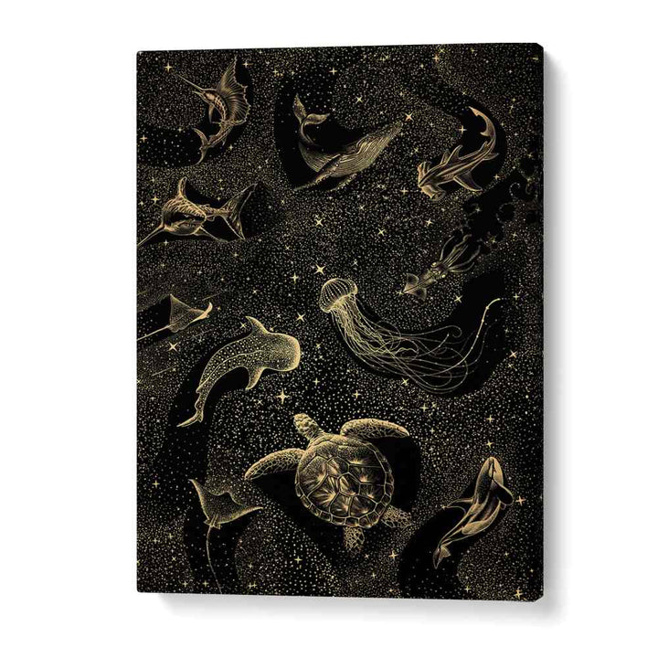 Explore the mystical depths with COSMIC OCEAN DARK GOLD II, SURREAL ART PRINTS by Aliriza Çakır, showcasing enchanting sea life.