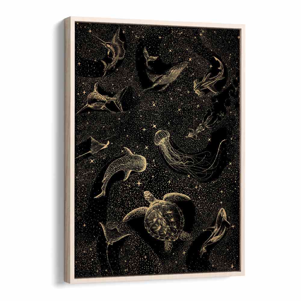 Discover COSMIC OCEAN DARK GOLD II, SURREAL ART PRINTS featuring enchanting marine life in a surreal cosmos.
