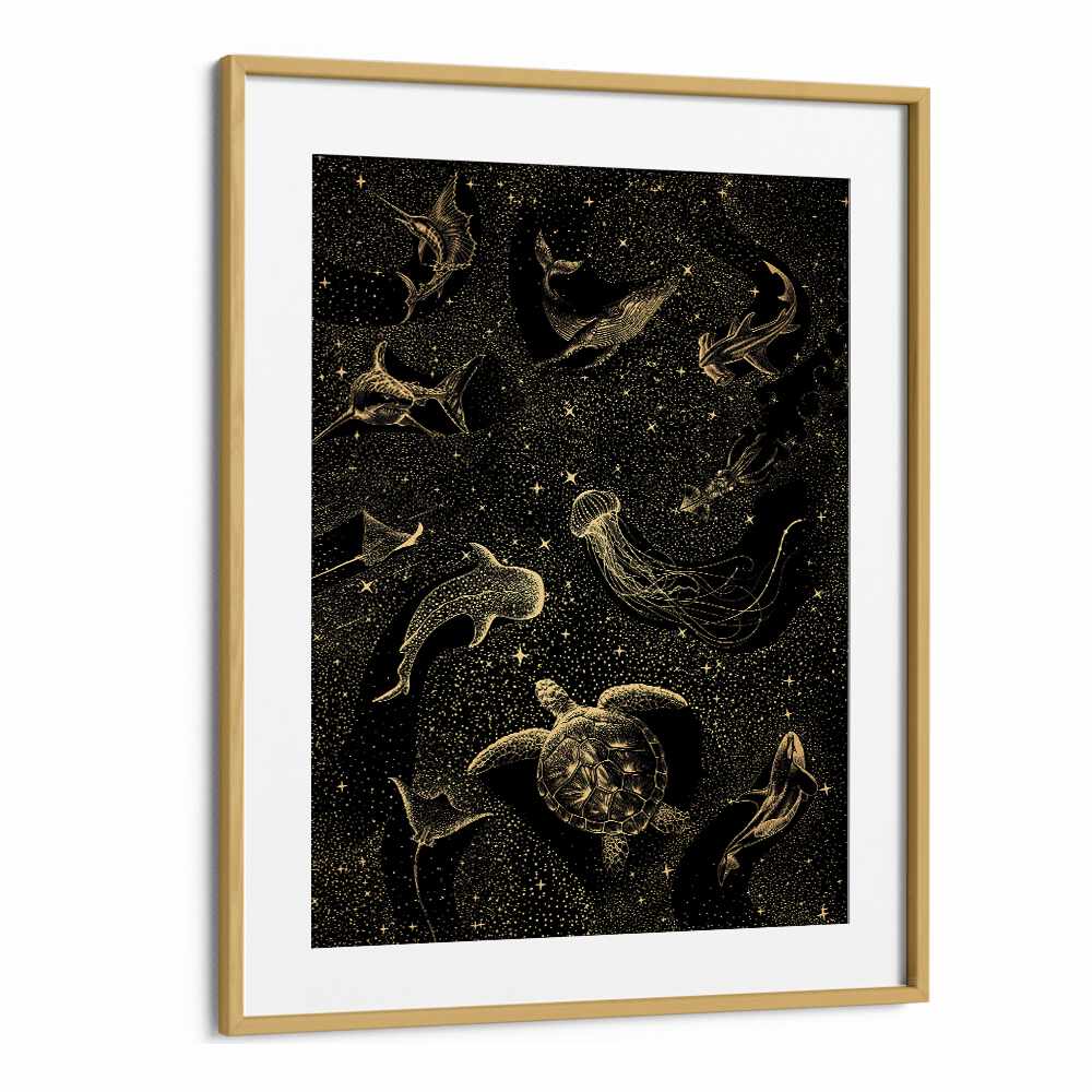 COSMIC OCEAN DARK GOLD II, SURREAL ART PRINTS by Aliriza Çakır showcases enchanting ocean life in a dreamy gold and black design.