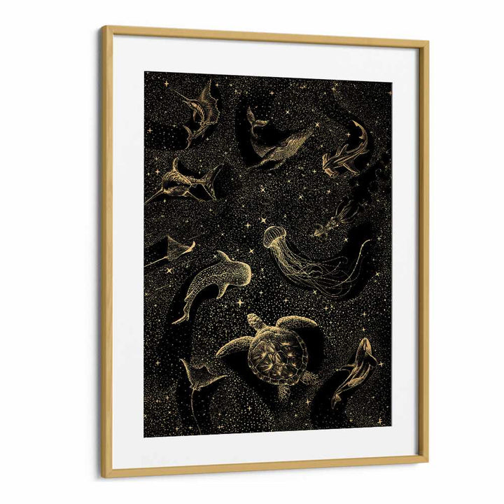 COSMIC OCEAN DARK GOLD II, SURREAL ART PRINTS by Aliriza Çakır showcases enchanting ocean life in a dreamy gold and black design.