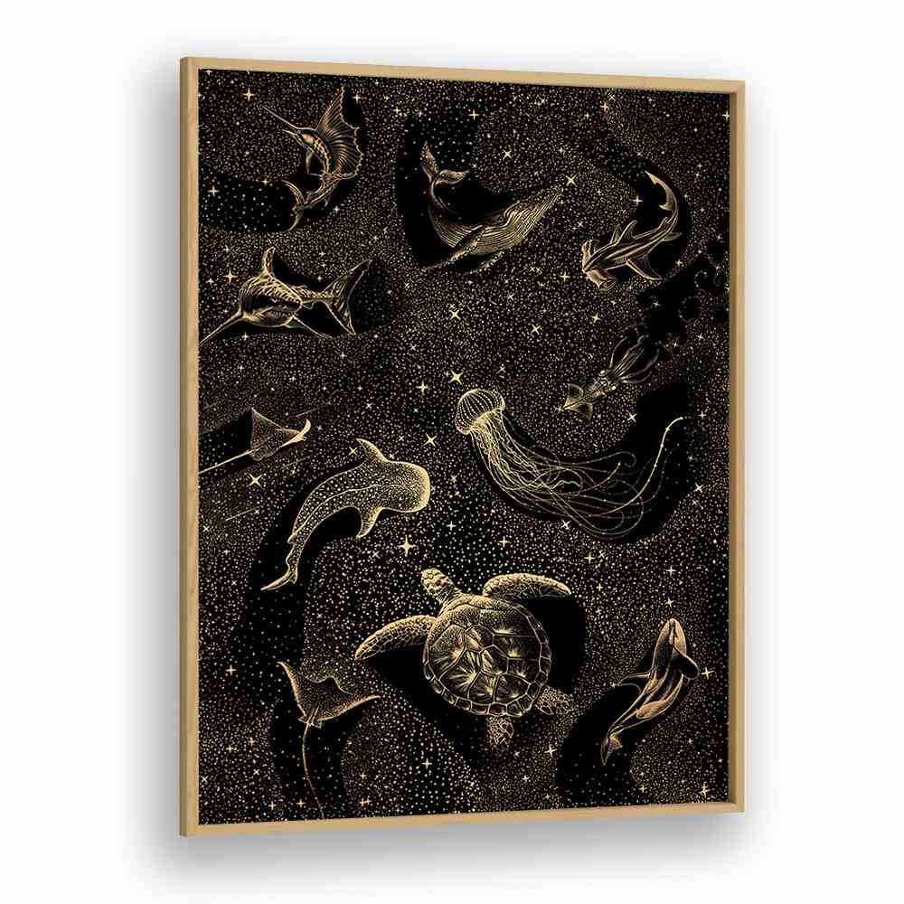 COSMIC OCEAN DARK GOLD II, SURREAL ART PRINTS features golden sea creatures in a mesmerizing cosmic backdrop.
