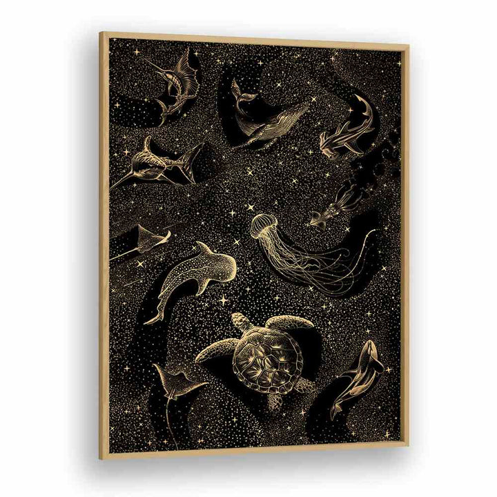 COSMIC OCEAN DARK GOLD II, SURREAL ART PRINTS features golden sea creatures in a mesmerizing cosmic backdrop.