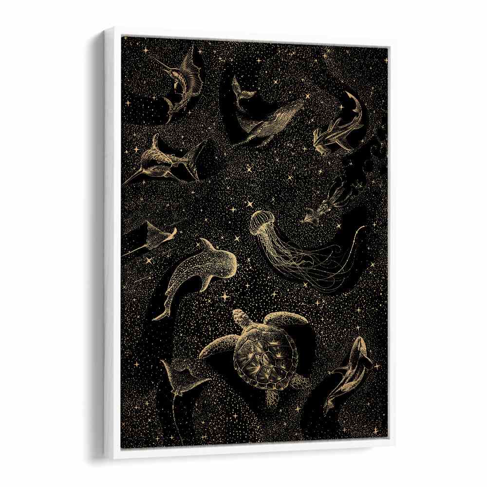 Breathtaking COSMIC OCEAN DARK GOLD II, SURREAL ART PRINTS by Aliriza Çakır, featuring gold marine life on a dark background.