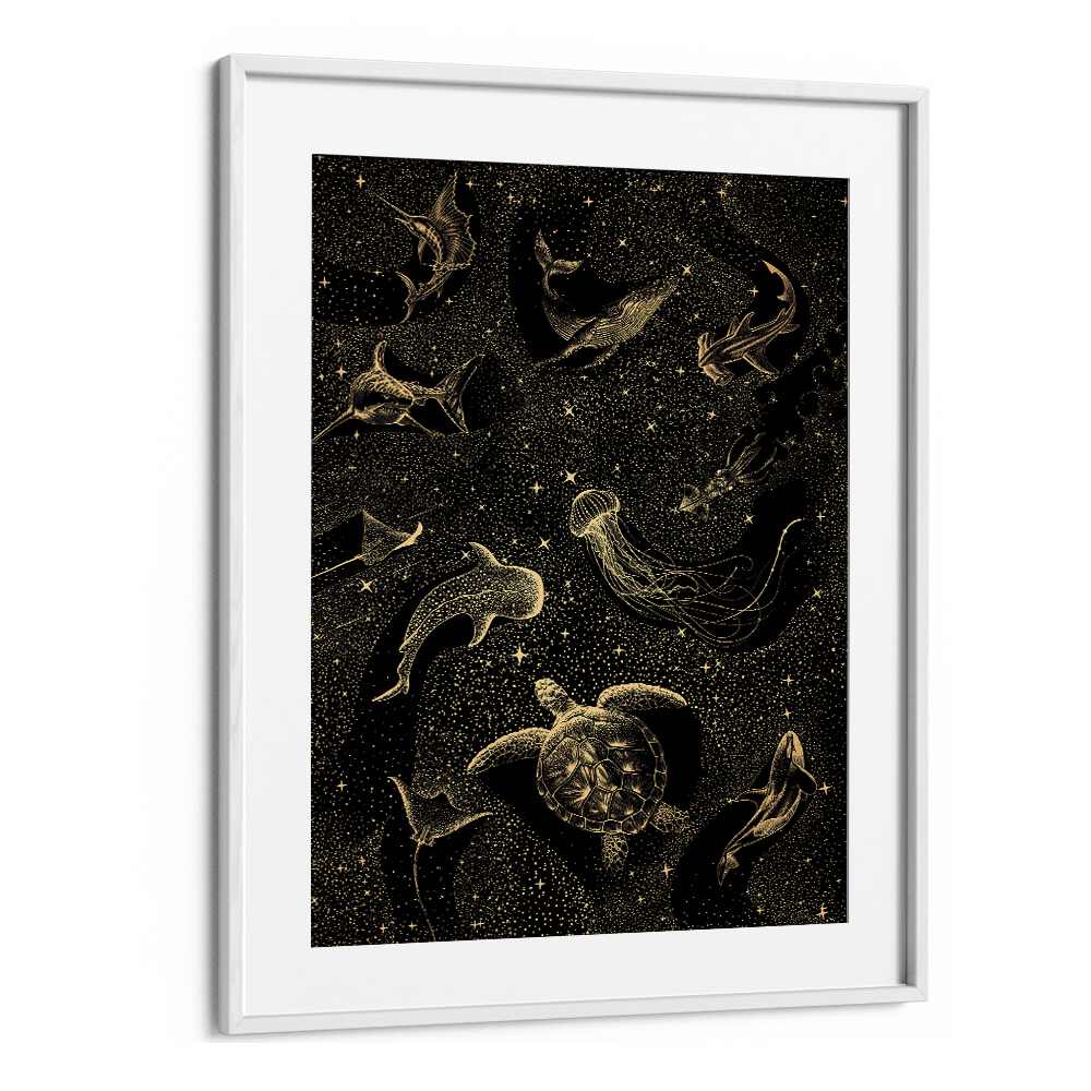 COSMIC OCEAN DARK GOLD II, SURREAL ART PRINTS showcase marine life in a stunning surreal design by Aliriza Çakır.