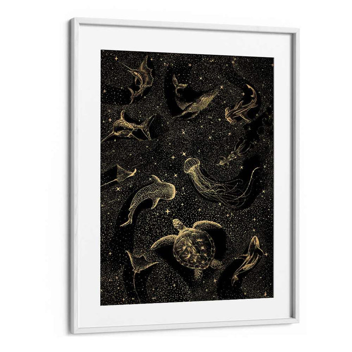 COSMIC OCEAN DARK GOLD II, SURREAL ART PRINTS showcase marine life in a stunning surreal design by Aliriza Çakır.