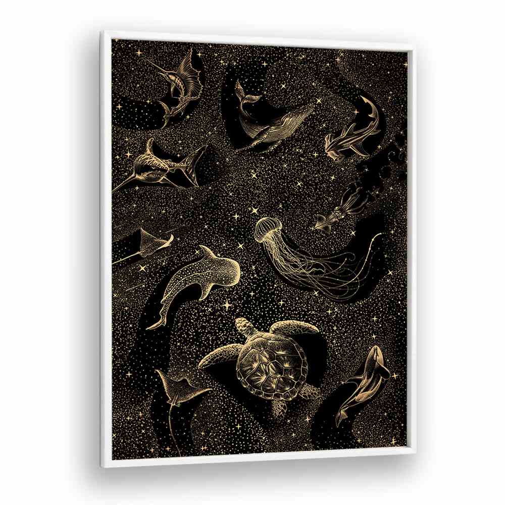 COSMIC OCEAN DARK GOLD II, SURREAL ART PRINTS features marine life in a stellar black and gold design by Aliriza Çakır.