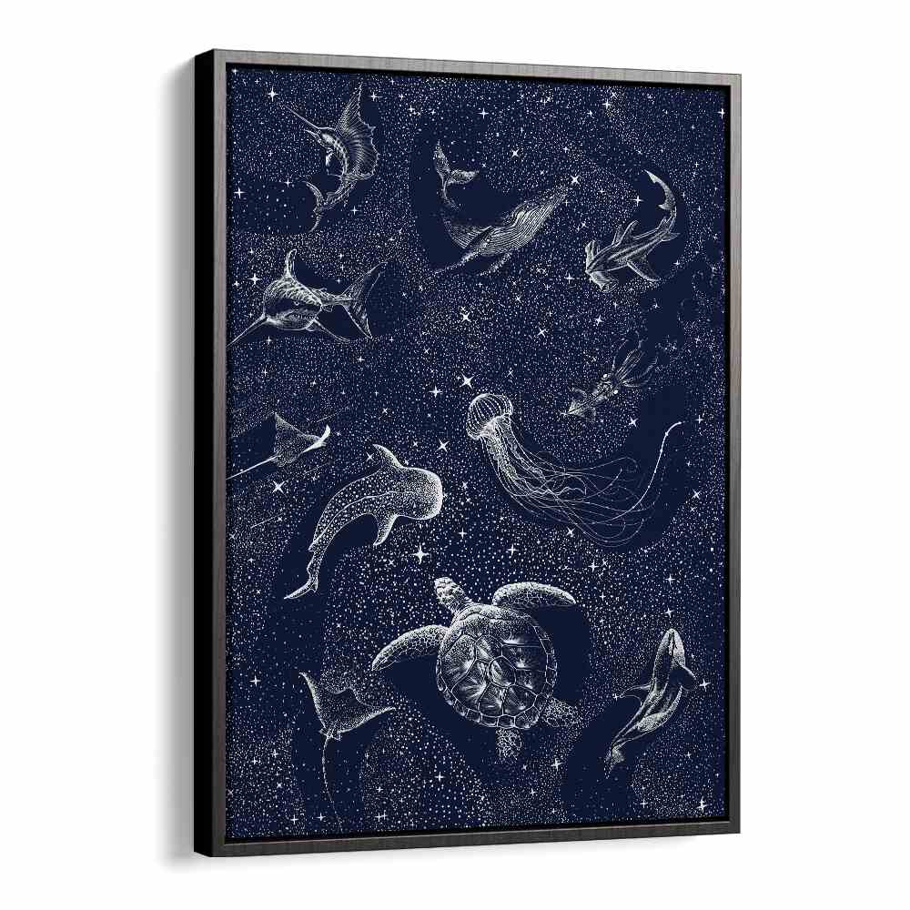 Explore the wonders of “COSMIC OCEAN II, SURREAL ART PRINTS” by Aliriza Çakir, featuring marine life in a starry realm.
