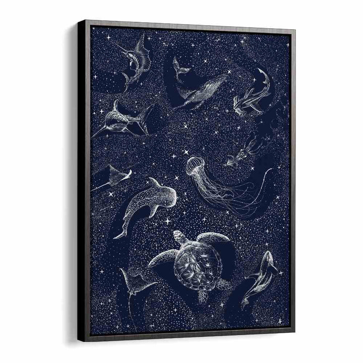 Explore the wonders of “COSMIC OCEAN II, SURREAL ART PRINTS” by Aliriza Çakir, featuring marine life in a starry realm.
