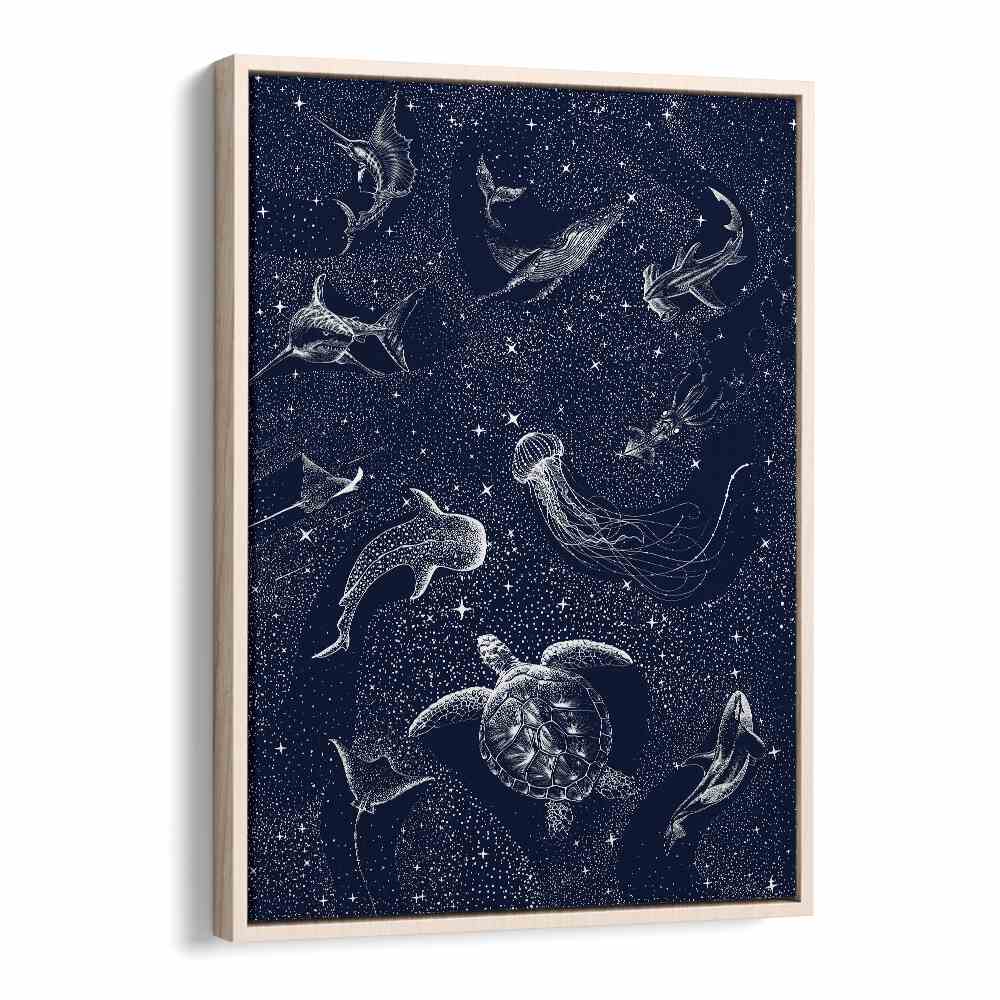 Explore the enchanting COSMIC OCEAN II, SURREAL ART PRINTS by Aliriza Çakir, featuring marine life in a starry backdrop.