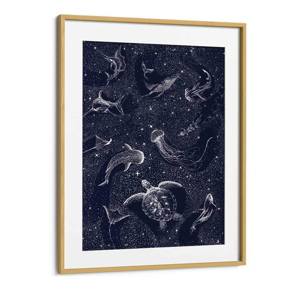 Explore the enchanting depths of "COSMIC OCEAN II, SURREAL ART PRINTS" by Aliriza Çakir, framed in oak.