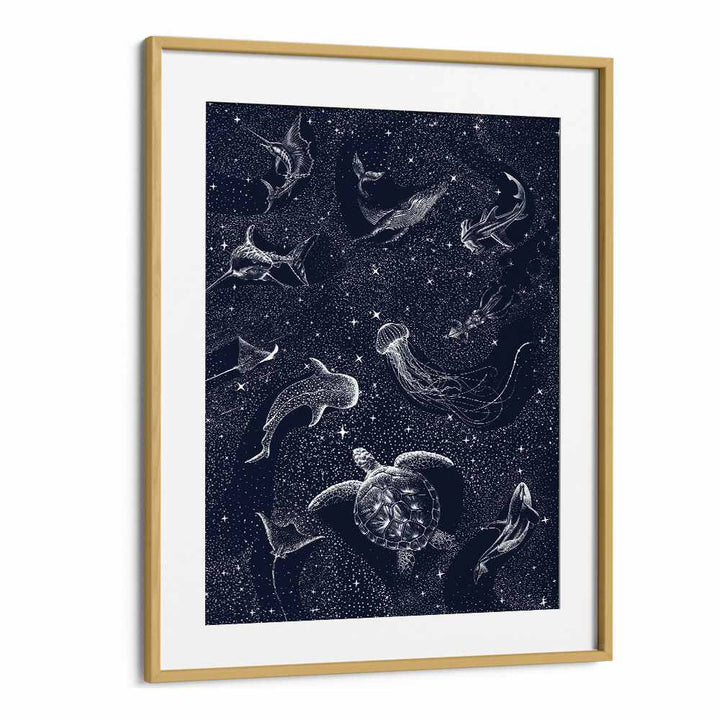 Explore the enchanting depths of "COSMIC OCEAN II, SURREAL ART PRINTS" by Aliriza Çakir, framed in oak.