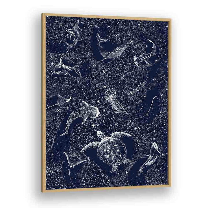 "Explore the enchanting COSMIC OCEAN II, SURREAL ART PRINTS featuring marine life in a starry, surreal design by Aliriza Çakir."