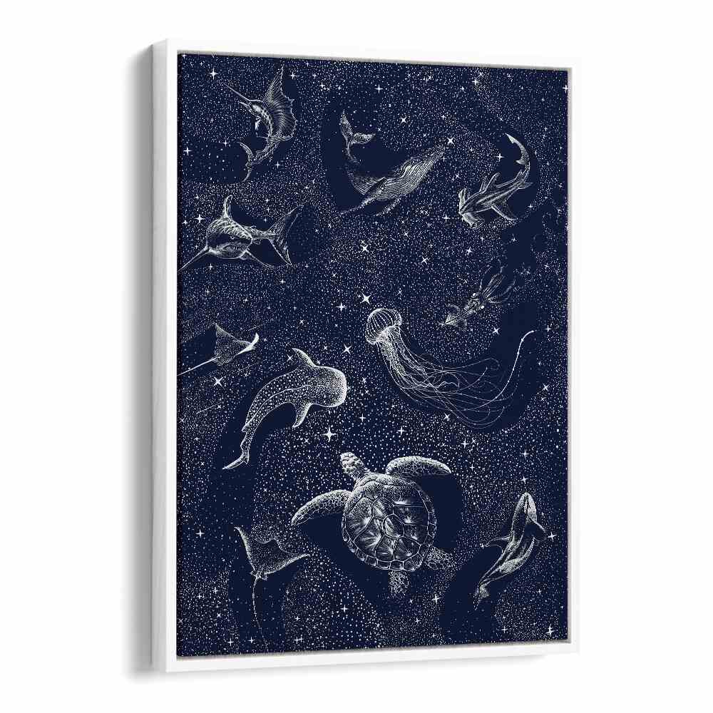 Explore the depths of imagination with COSMIC OCEAN II, SURREAL ART PRINTS featuring marine life in a cosmic setting.