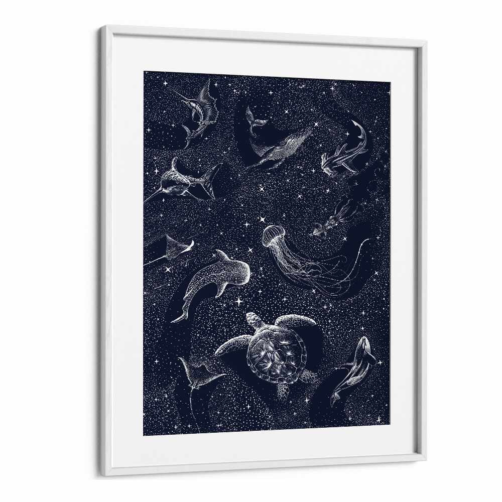 "Explore the enchanting COSMIC OCEAN II, SURREAL ART PRINTS by Aliriza Çakir, featuring mesmerizing aquatic life."