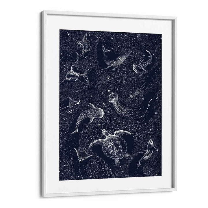 "Explore the enchanting COSMIC OCEAN II, SURREAL ART PRINTS by Aliriza Çakir, featuring mesmerizing aquatic life."