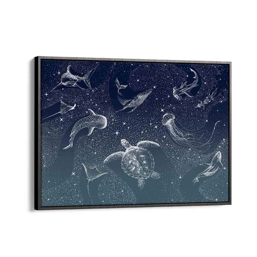 Stunning COSMIC OCEAN TURQUOISE GRAD, SURREAL ART PRINTS by Aliriza Çakir, showcasing oceanic beauty and marine life.