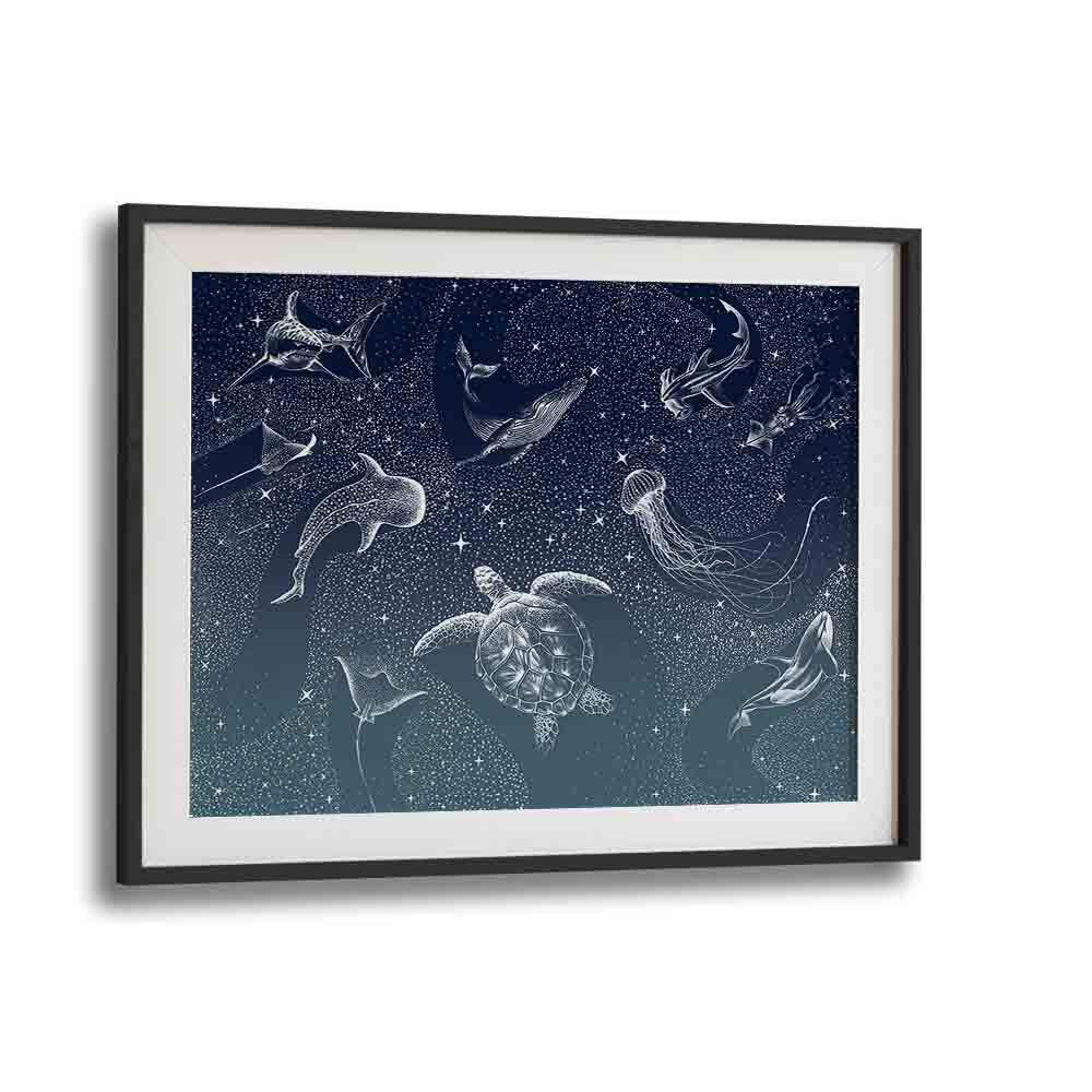 Vibrant COSMIC OCEAN TURQUOISE GRAD, SURREAL ART PRINTS featuring marine life by Aliriza Çakir in a sleek black frame.