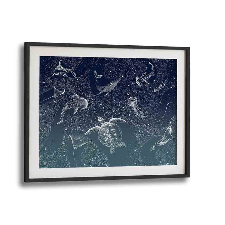 Vibrant COSMIC OCEAN TURQUOISE GRAD, SURREAL ART PRINTS featuring marine life by Aliriza Çakir in a sleek black frame.
