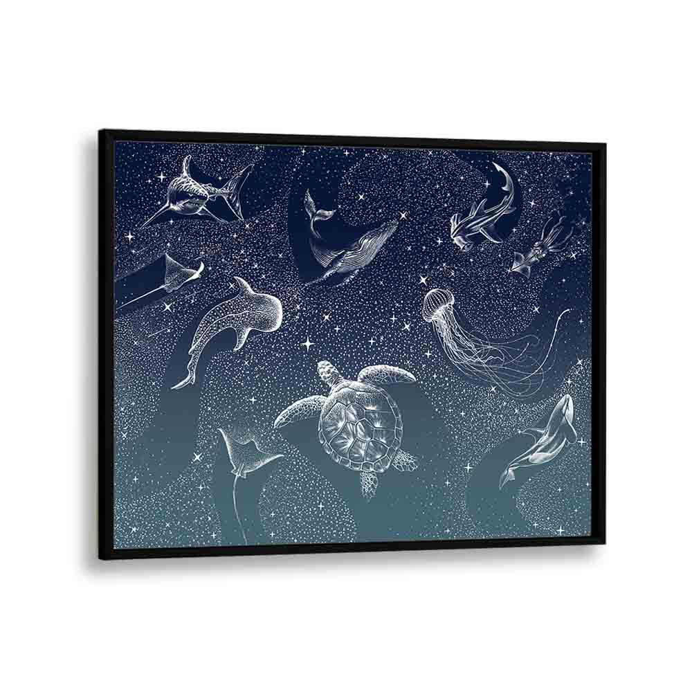 Stunning COSMIC OCEAN TURQUOISE GRAD, SURREAL ART PRINTS by Aliriza Çakir, featuring oceanic creatures in a celestial scene.