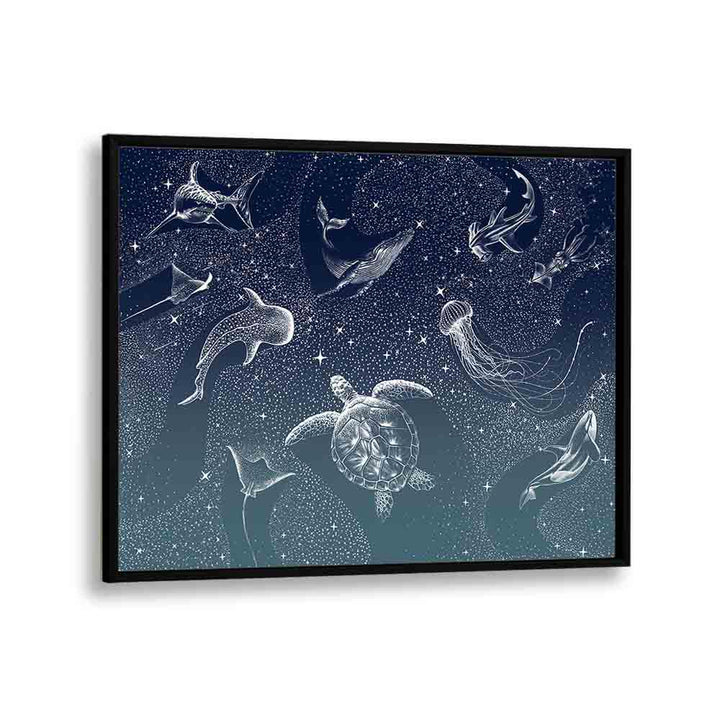 Stunning COSMIC OCEAN TURQUOISE GRAD, SURREAL ART PRINTS by Aliriza Çakir, featuring oceanic creatures in a celestial scene.