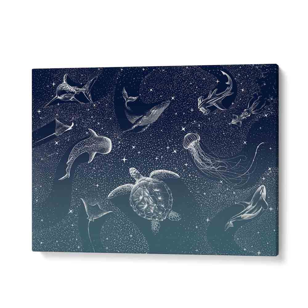 Explore the COSMIC OCEAN TURQUOISE GRAD, SURREAL ART PRINTS by Aliriza Çakir, showcasing mesmerizing ocean life.