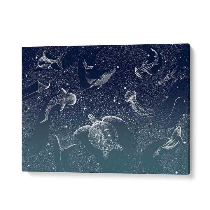Explore the COSMIC OCEAN TURQUOISE GRAD, SURREAL ART PRINTS by Aliriza Çakir, showcasing mesmerizing ocean life.