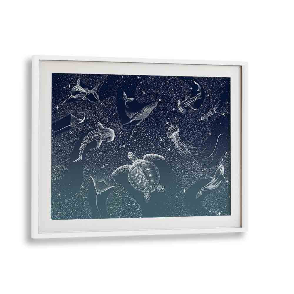 Surreal art print "COSMIC OCEAN TURQUOISE GRAD" by Aliriza Çakir, showcasing ethereal oceanic beauty in a white frame.