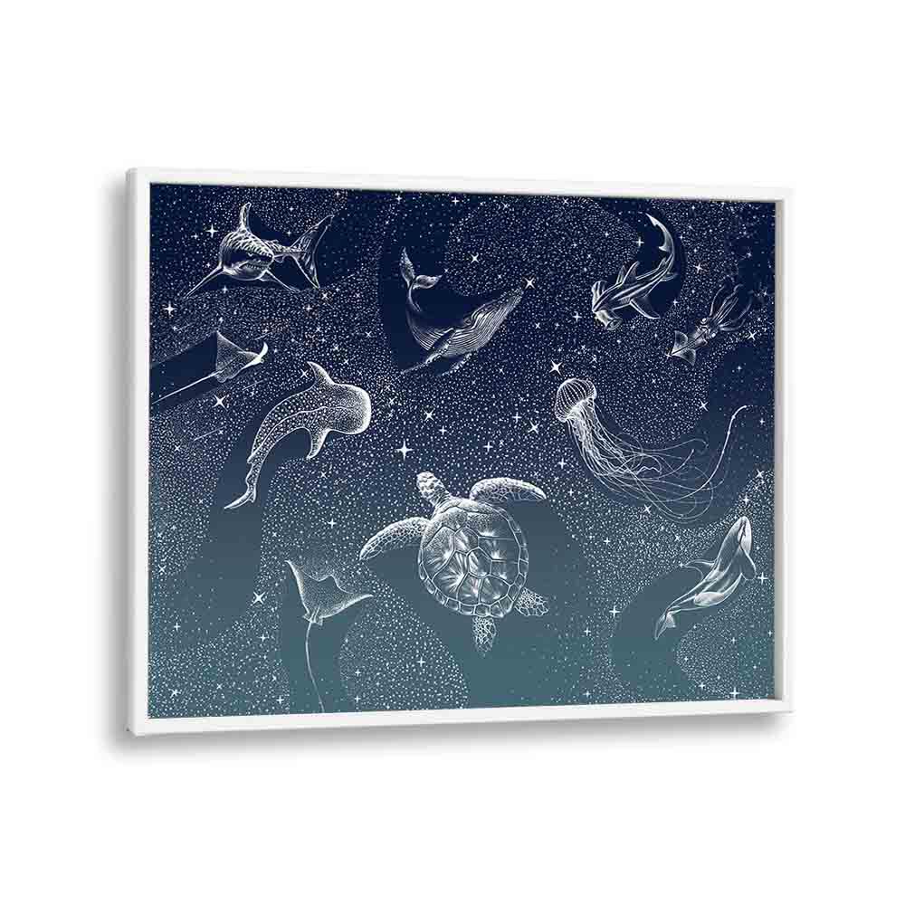 Stunning COSMIC OCEAN TURQUOISE GRAD, SURREAL ART PRINTS featuring ocean life by Aliriza Çakir in a white frame.