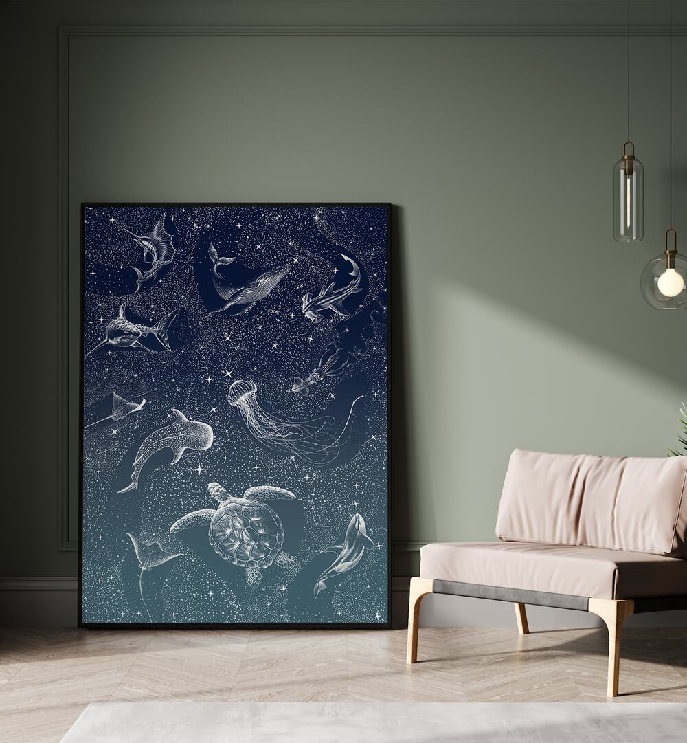 Surreal art print "COSMIC OCEAN TURQUOISE GRAD II" features whimsical marine life in a starry backdrop by Aliriza Çakır.