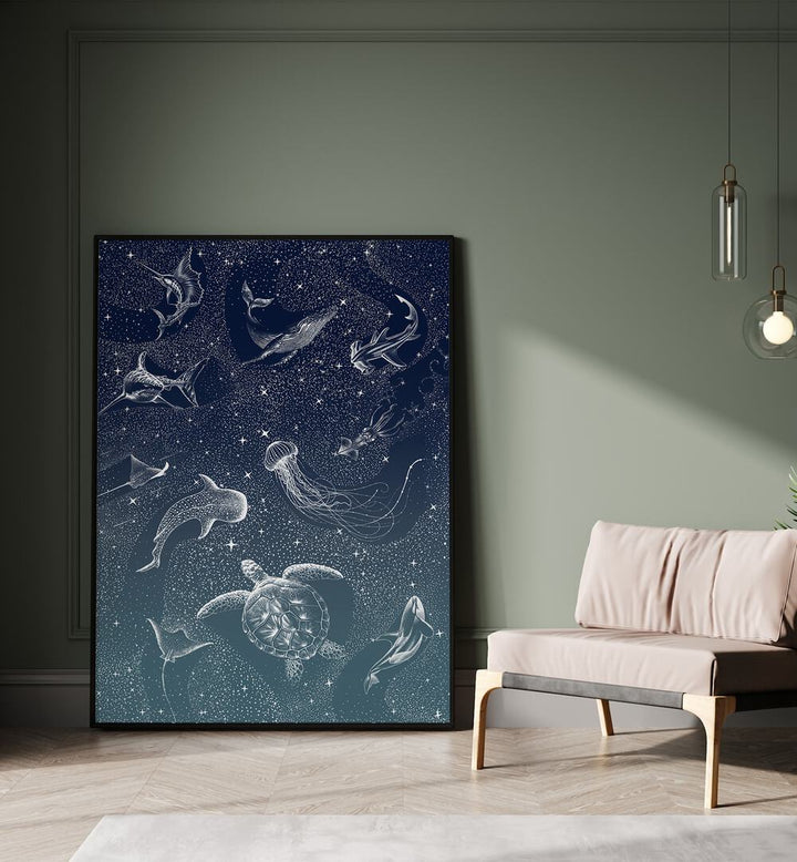 Surreal art print "COSMIC OCEAN TURQUOISE GRAD II" features whimsical marine life in a starry backdrop by Aliriza Çakır.