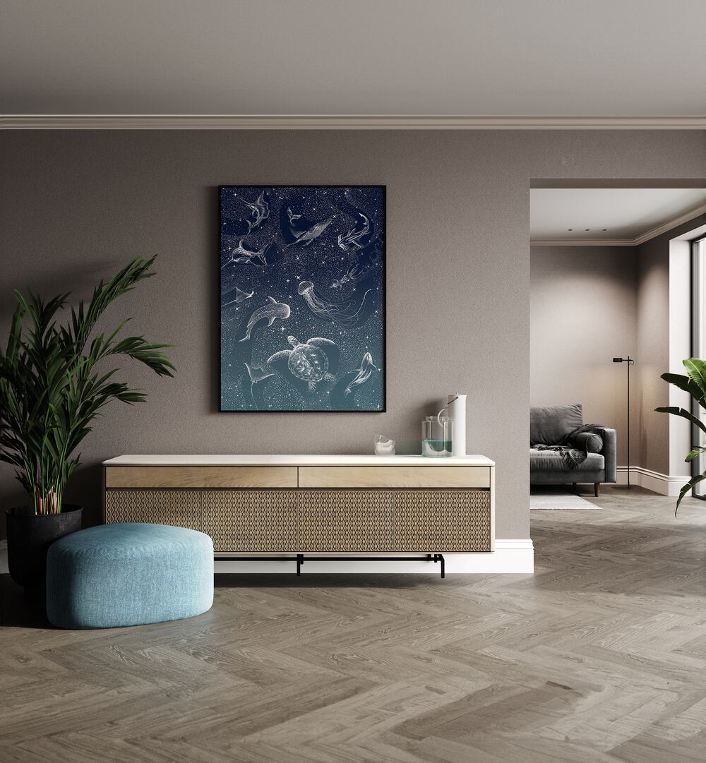 Captivating COSMIC OCEAN TURQUOISE GRAD II, SURREAL ART PRINTS by Aliriza Çakır, enhancing modern interiors.