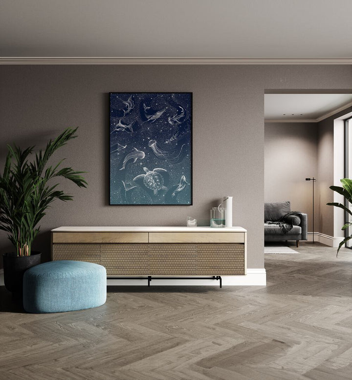 Captivating COSMIC OCEAN TURQUOISE GRAD II, SURREAL ART PRINTS by Aliriza Çakır, enhancing modern interiors.