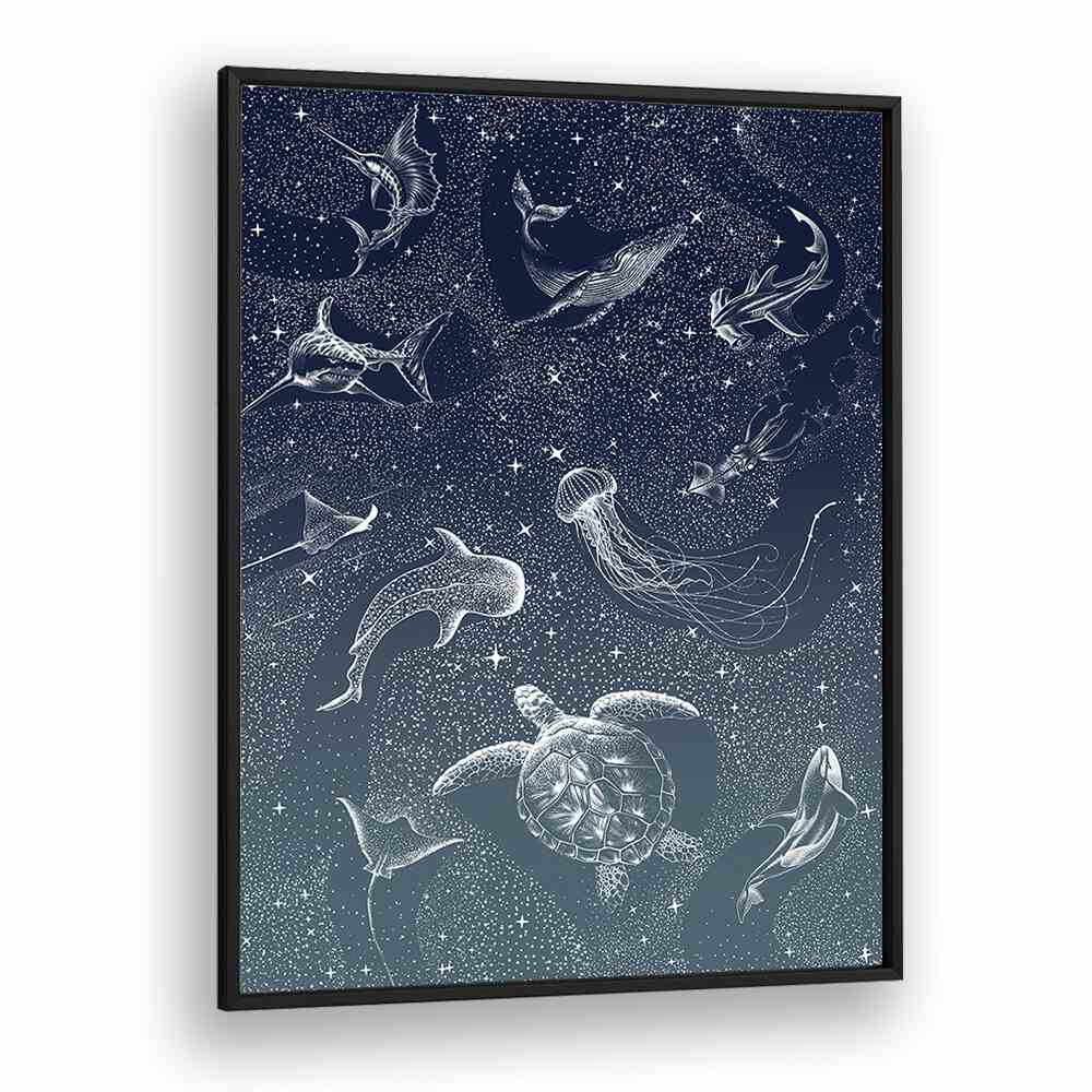 COSMIC OCEAN TURQUOISE GRAD II, SURREAL ART PRINTS by Aliriza Çakır features enchanting aquatic life in a starry backdrop.