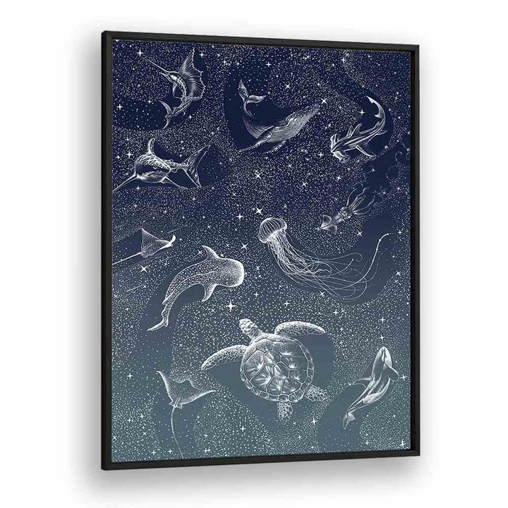 COSMIC OCEAN TURQUOISE GRAD II, SURREAL ART PRINTS by Aliriza Çakır features enchanting aquatic life in a starry backdrop.