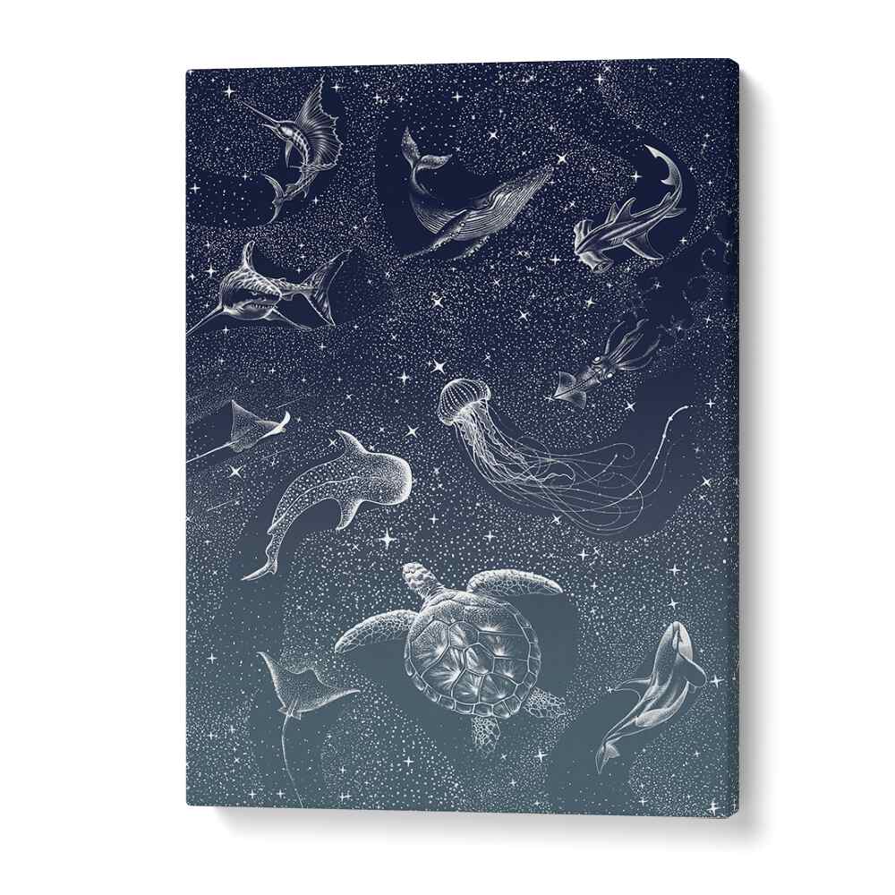 COSMIC OCEAN TURQUOISE GRAD II, SURREAL ART PRINTS features dreamlike marine life in a cosmic setting. Perfect for art lovers!